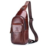 BULLCAPTAIN Genuine Leather Sling Backpack Multi-pocket Chest Bag Crossbody Daypack with Earphone...