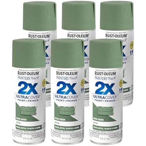 Rust-Oleum 334075-6PK Painter's Touch 2X Ultra Cover Spray Paint, 12 oz, Satin Moss Green, 6 Pack