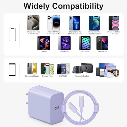 Image of iPhone 17 16 15 Charger Fast Charging 6FT - 20W USB C Charger Block with 6FT Type C to C Cable Compatible with iPhone 17 /17 Pro /17 Pro Max /Air /16 /16e /15, iPad Pro, iPad Air (Purple)