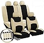 Automotive Seat Covers Beige Black Universal Fit Seat Cover Combo Set with Steering Wheel Cover and Seat Belt Pad (Airbag Compatible and Split Bench) FH Group FB030BEIGEBLACK115-COMBO