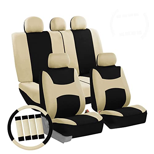 Automotive Seat Covers Beige Black Universal Fit Seat Cover Combo Set with Steering Wheel Cover and Seat Belt Pad (Airbag Compatible and Split Bench) FH Group FB030BEIGEBLACK115-COMBO