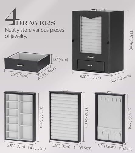 Homde Jewelry Organizer with Transparent Window Necklace Hooks Gift for Women Jewelry Box Display Case for Necklaces Rings Earrings Bracelets and Other Accessories (Black)
