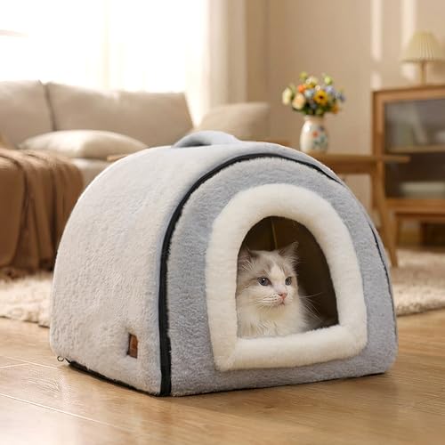Cat Bed for Indoor Cats,Foldable cat cave,Anti-Slip & Water-Resistant Bottom,cat Houses for Indoor Cats or Small Dogs, Kitten Tent, Rabbit Bed,2 in 1 pet Bed (Grey) - Image 3