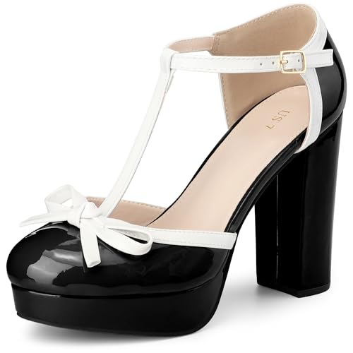 Perphy Bow T-Strap Platform Chunky Heels Pumps for Women