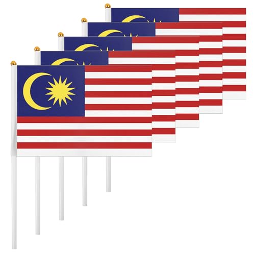 ASUNO 20 Pack Malaysia Flags HandHeld Small Banners 5 × 8 Inch Mini Malaysian Stick Flag Polyester for Party Decorations World Cup International Festival Events Indoor and Outdoor