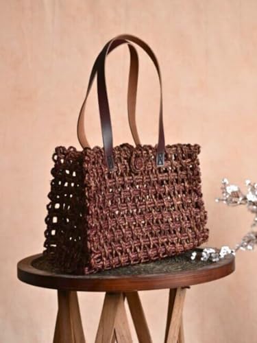 Image of KADAM HAAT Handmade Sabai Grass Lunch Bag | Dry Grass Bag for Lunch and Bottle | Tiffin Box Bag for School or Office with Leather Handle (Brown)