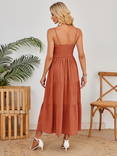 Dokuritu Women's Beach Crochet Lace Maxi Dress Solid Color Summer Vacation Spaghetti Strap Long Dress 2024 (Brickred, Small)2