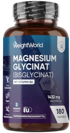 WeightWorld Magnesium Bisglycinat Kapseln - 1432 mg pro Portion | 200mg elementes Magnesium, Mit Vitamin B6, 180 vegane Kapseln, 3 Monate Vorrat, Frei von Magnesiumstearat