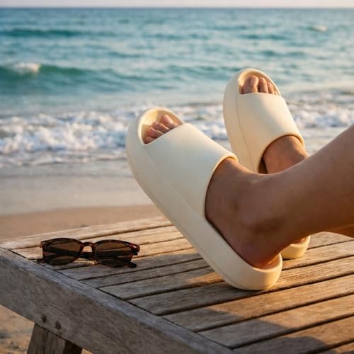 Image of welltree Slides for Women Men Pillow Slippers Non-Slip Bathroom Shower Sandals Soft Thick Sole Indoor and Outdoor Slides