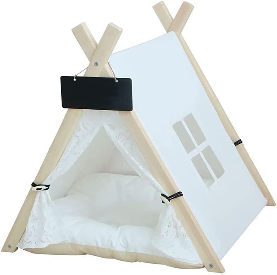 Scnbom Pet Teepee Canvas with Cushion Dogs Tent with Window Removable and Washable Dog Bed Play House for Dog Cat Rabbit Guinea Pig (M:…