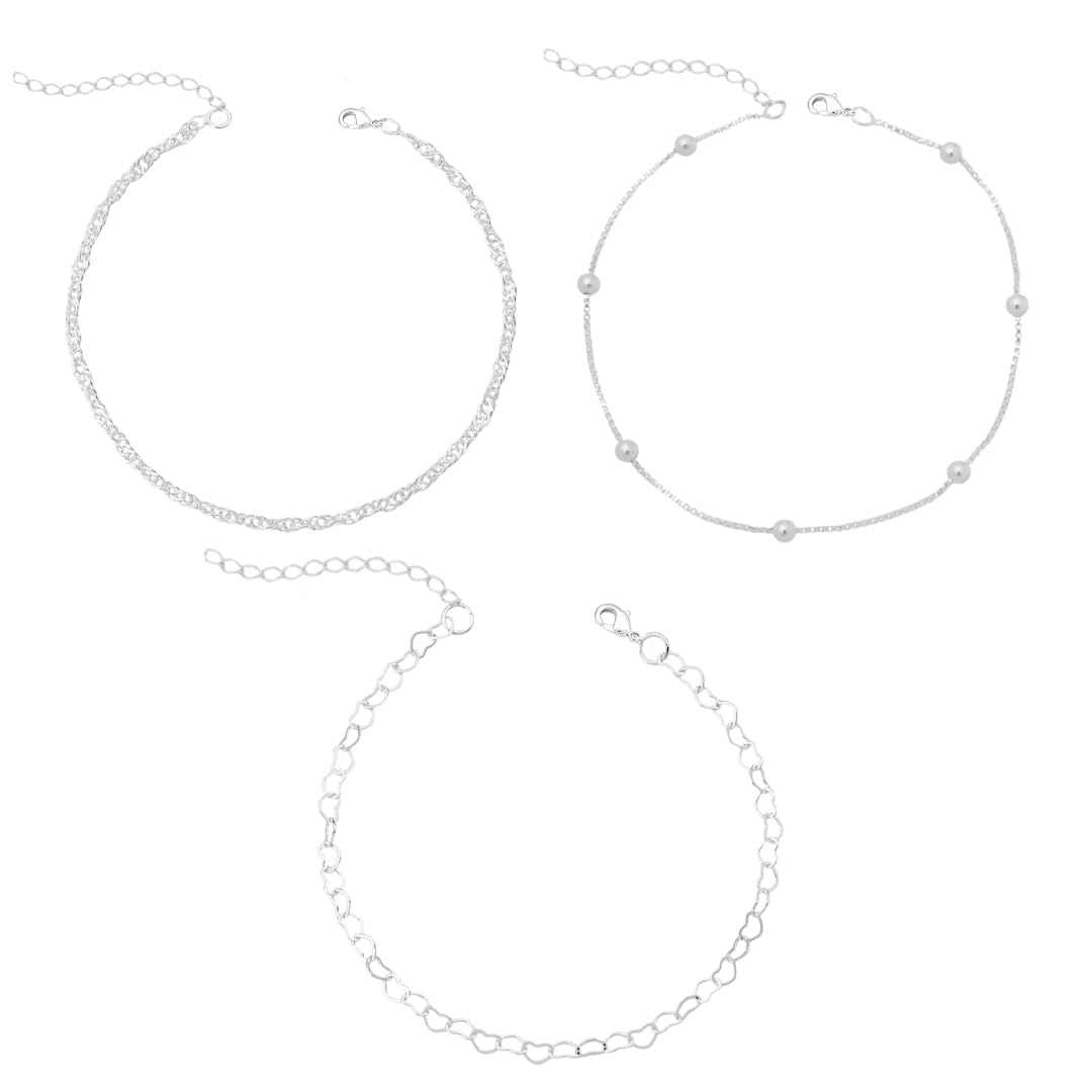 Kit 3 Tornozeleiras Folheadas A Prata 925 Premium Conjunto