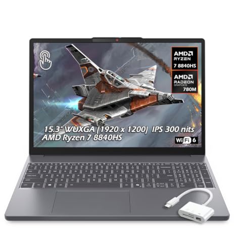 Image of Lenovo IdeaPad Slim 3 15.3 inch WUXGA(1920 x 1200) IPS Touch Laptop, AMD Ryzen 7 8840HS, 24GB RAM 2TB SSD, Wi-Fi 6 USB-C, Full HD Webcam, Bluetooth, Windows 11, Luna Grey, w /USB Hub, W /GaLiMu