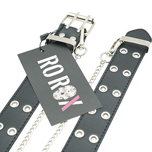 Ro Rox Rudie Gothic Grunge Punk Double Eyelet PU Belt with Square Buckle & Chain - Black2
