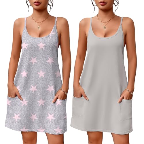 Ekouaer 2 Pack Sleeveless Nightgowns for Women with Pockets Spaghetti Strap Dress Racerback Chemise Sexy Night Gowns S-2XL