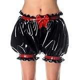 IOKUKI Latex-Laterne Shorts für Damen,Schwarz Latex-Shorts mit Rote Schmetterlingsknoten,Geeignet für Rubber Club Clothing-XXL