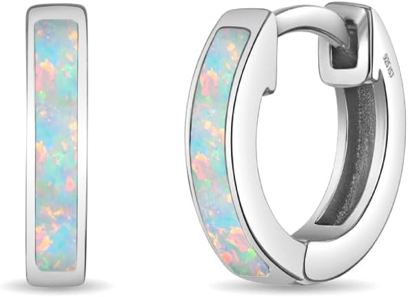 925 Sterling Silver Simulated Opal Inlay Huggie Hoop Earrings For Little Girls and Preteens 8mm - Glittering Simulated Opal Earrings For Young Girls - Cute Huggie Earrings For Kids