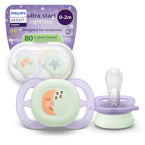 Philips Avent chupetes ultra start para la noche: diseño anatómico, para recién nacidos, brillo en la oscuridad, tetina simétrica de silicona suave, sin BPA, con estuche, paquete de 2, SCF075/17