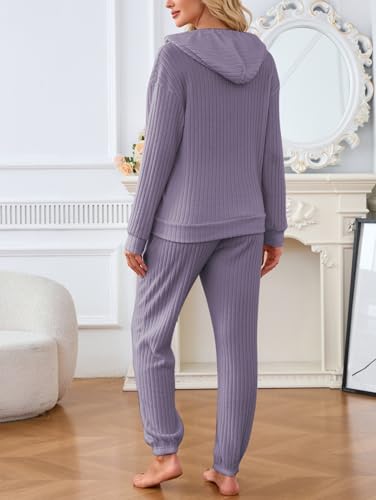 Image of Famulily 2 Pieces Ribbed Knit Outfits Drawstring Hoodies Jogger Pants Matching Pajama Sets with Pockets