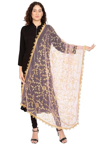 Image of ZEN APPAREL Women's Embroidered Net Dupatta with Lace Borders (Z-101) Premium Net Fabric Golden Aari Work