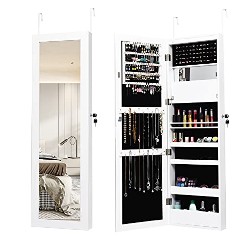 COSTWAY Armadietto Portagioie a Parete, Specchio Portagioie con 12 Luci LED, con Specchio a Figura Intera, Organizer per Gioielli a Muro, 37×9×119 cm (Bianco)