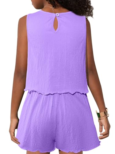 Image of Girls' Summer 2 Piece Outfits Sleeveless Tank Tops and Wide Leg Shorts Sets Purple 9-10Y