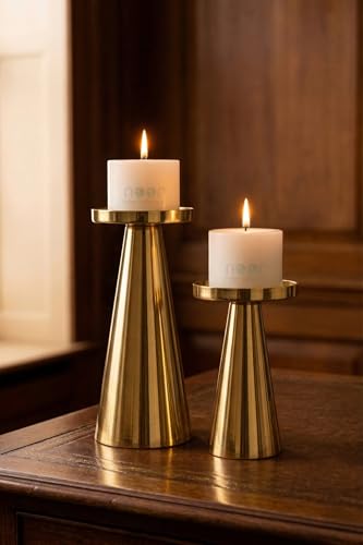Image of ππππ πππππππππππππ | Metal Pillar Candle Holder Set of 2 | Table Centerpieces Coffee Tables | Candles Stand for Christmas Home Decor Gift | Wedding Gift (Shiny Gold- Set of 2 Pcs)