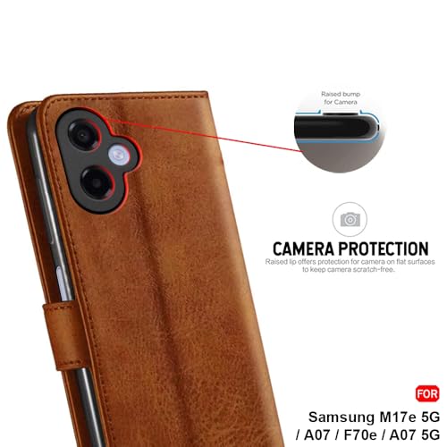 Image of TheGiftKart Flip Cover Back Case for Samsung Galaxy M17e 5G / A07 / F70e / A07 5G | Genuine Leather Finish | Designer Button | Inbuilt Pockets & Stand | Flip Back Cover Case (Faux Leather, Brown)