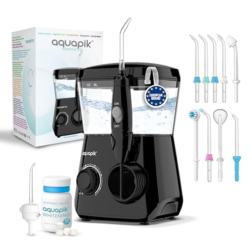 Irrigador dental con cápsulas blanqueadoras Aquapik Advanced – elimina manchas y placa, 10 boquillas, 10 niveles de presión, ideal para ortodoncia, implantes y encías sensibles, cuidado bucal premium