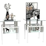 ODUSE-DAILY Glass End Tables Living Room Set of 2, Small Glass Table, White Side Table with Tempered Glass Top, Metal Frame, for Living Room Bedroom (White, 2Pcs End Tables)