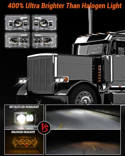 Image of BICYACO DOT 120W 4x6 Inch LED Headlights DRL Rectangular Replacement H4651 H4652 H4656 H4666 H6545 Compatible with Peterbilt Kenworth Freightinger Ford Probe Oldsmobile Cutlass(4 PCS)