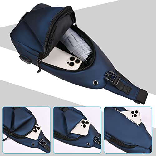 Aucuu Torba na klatkę piersiową, biznesowa torba na ramię, wodoodporna torba na ramię z portem ładowania USB, torba crossbody dla mężczyzn, na podróż, wędrówki, sport, jazdę na rowerze, NIEBIESKI