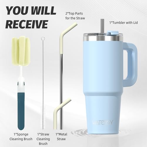 Image of 20 oz Tumbler with Handle,Tumbler with Lid and Straw,Double Wall Insulated Cup Stainless Steel Travel Mug(Cold for 34 Hours),Water Bottle for Iced Tea,Coffee,Cold Beverages(Blue)