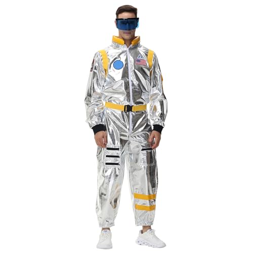 Disfraz de astronauta para hombre, mono de astronauta, traje espacial para hombre con capucha, color plateado metálico, juego de ropa para el tiempo libre, incluye gafas y cinturón, carnaval, fiesta,