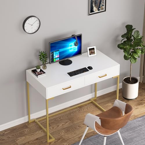 Tribesigns 40 Inch White and Gold Computer Desk with 2 Drawers, Modern Simple Home Office Desk, Gold Writing Desk Study Table for Bedroom, Modern Makeup Vanity Desk for Small Spaces