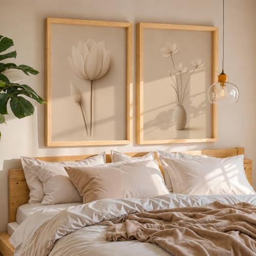Image of NoWorries Minimal Lotus Flower Wall Painting Set of 2 with Frame | Soft White Floral & Vase Botanical Artwork, Neutral Beige Nature Wall Decor for Living Room, Bedroom, Office and Home Decoration (Art-5, 10x13inch)