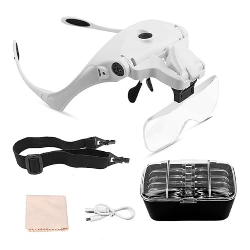 Tiardey Magnifying Glasses with Light LED Headband Magnifier USB Charge Adjustable Hands Magnifying Glass with 2 LED Light and 5 Lenses for Repairs Reading etc