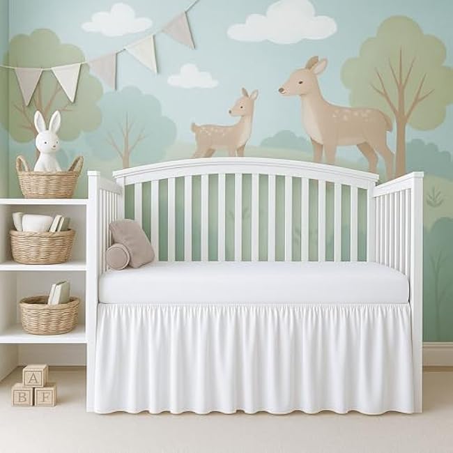 Cottignton Lane Ruffled Crib Bed Skirt, Soft Nursery Bedding in 100% Natural Cotton, Platform Style with 4-Sided Coverage & Split Corners ¨C Fits Standard Cribs 28 x 52 with 14 Drop, White