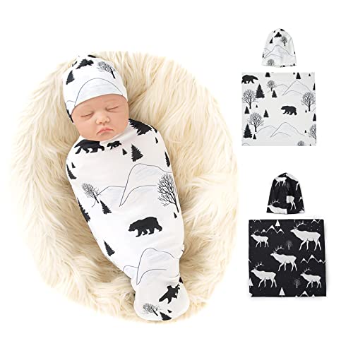 Image of Galabloomer Newborn Swaddle Blanket with Beanie Set Baby Boy Receiving Blanket