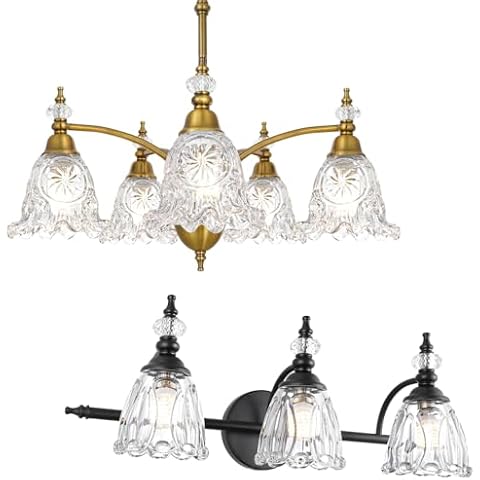 Ditoon Vintage 5 Light Chandelier, Matte Black Bathroom Vanity Light, 3 Light Vanity Lighting Fixtures, Farmhouse Glass Chandelier Ceiling Light Fixture for Kitchen, Dinning, Foyer, Bathroom, Living R Cover