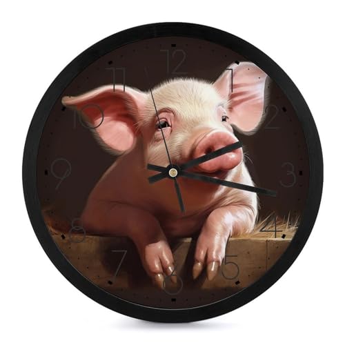 Wall Clock Silent 10 Inch Clock Non Ticking Analog Clock Foolish Cute Pig Wall Clocks for Bathroom Round Clock Wall Decor for Home Kitchen Living Bedroom Modern Design