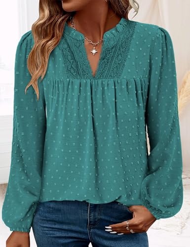 BETTE BOUTIK Women Boho Long Sleeve Shirts Dressy Casual V Neck Fall Fashion Tops Swiss Dot Flowy Blouses