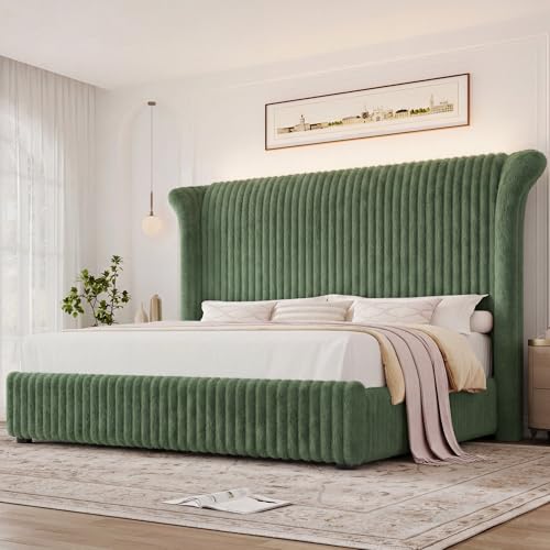 Keyluv King Bed Frame with 54.3 Tall Faux-Fur Wingback Headboard Upholstered Platform Bed with LED Light Mattress Foundation with Solid Wooden Slats Support No Box Spring Needed Noise-Free Green