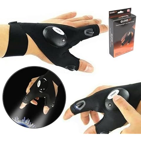 Pateacd LED Flashlight Gloves Men Waterproof Night Fishing Bike Bicycle Cycling Gloves with Lights Torch Mens Birthday Fishing Christmas Stocking Fillers Santa Gifts,Black Cover