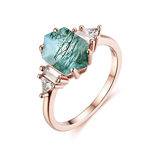 Natural Moss Agate Gemstone Rings for Women Solid 925 Sterling Silver Ring for Women Trendy Hexagon Engagement Wedding
