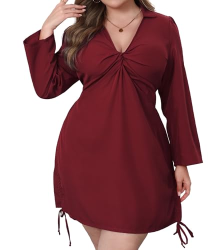 Image of VillbeCoser Women's Plus Size Dress Long Sleeve V Neck A Line Mini Short Cocktail Summer Casual Dress