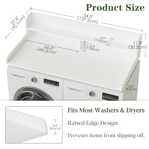 Apetaccat Arbeitsplatte für Waschmaschine und Trockner mit 2-stufigem Regal, Wasserabweisende Waschmaschinenabdeckung, Waschmaschinenregal mit Anti-Rutsch-Pads, Abdeckung Waschmaschine Holz, weiß