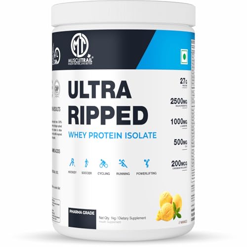 Image of MuscleTrail Pharma Grade Ultra Ripped Whey Protein Isolate - Premium Protein for Men & Women - 27g Protein per Serving - Supports Muscle Growth, Strength & Recovery - L-Carnitine & CLA (1KG, Mango)