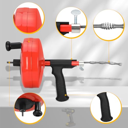 50 Foot Drain Auger,Use Manually or Drill Powered,Heavy Duty Flexible Plumbing Snake,With Gloves and Storage Bag,for Kitchen Sink, Shower Drain,Drainage Pipes