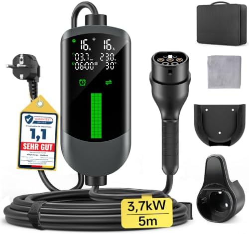 Typ 2 Ladekabel Schuko 3,7kW, EV Chargers Ladekabel Auto[1-phasig|5m|6-16A] | Tragbare Ladekabel e Auto, Einstellbare Leistung und Zeit, LCD-Anzeige, IP65 Wasserdicht, für Allen EV