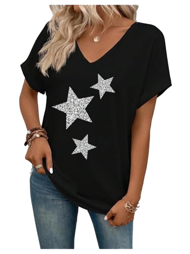 SweatyRocks Women's V Neck Dolman Short Sleeve Star Print Tee Shirts Summer Tops - Main Image